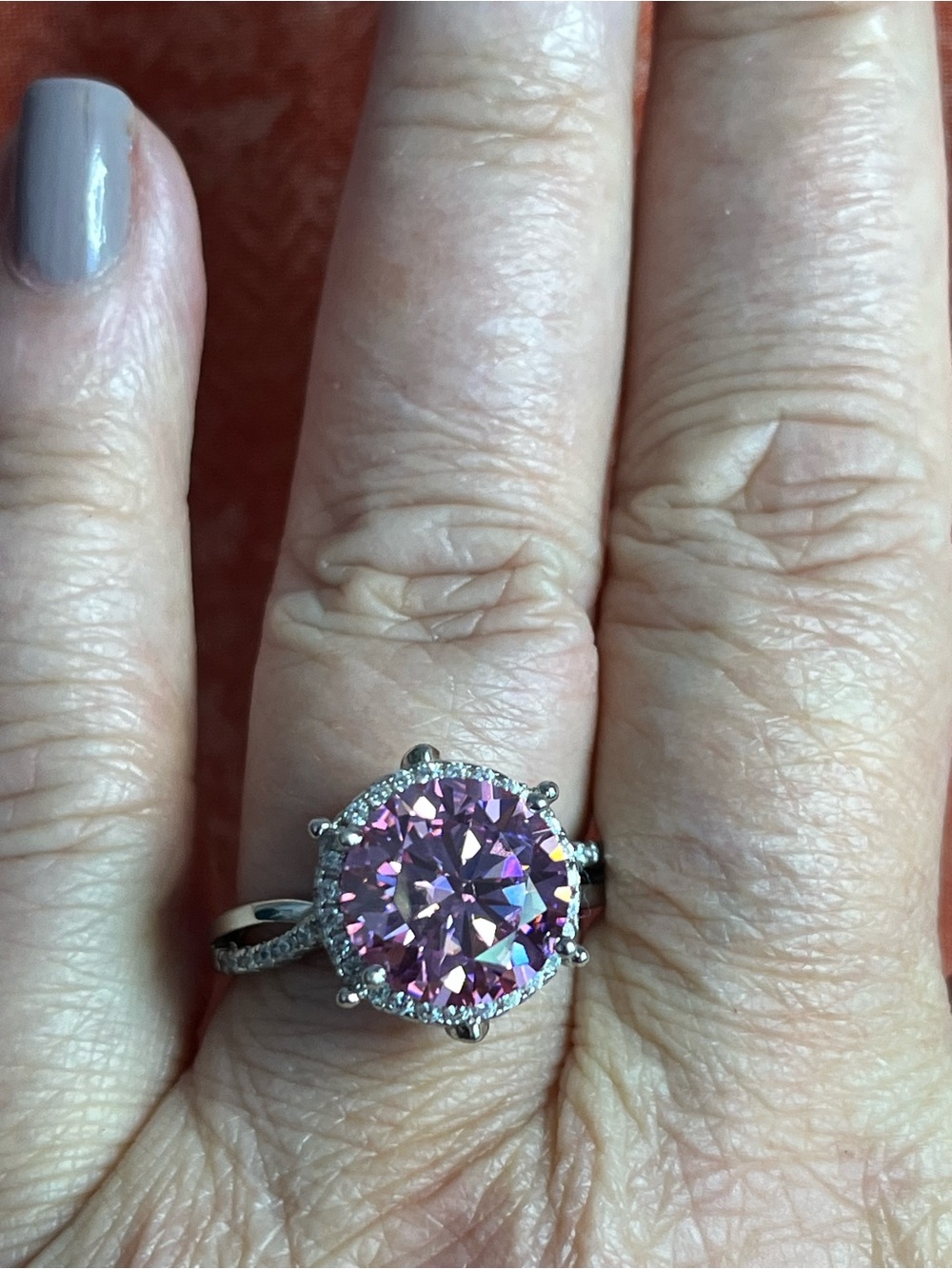 5ctw Pink Moissanite Round Halo Ring with Pavé Band in Silver Sz 9 STUNNING - Picture 4 of 4